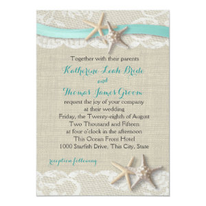 Starfish and Ribbon Beach Aqua 5x7 Paper Invitation Card