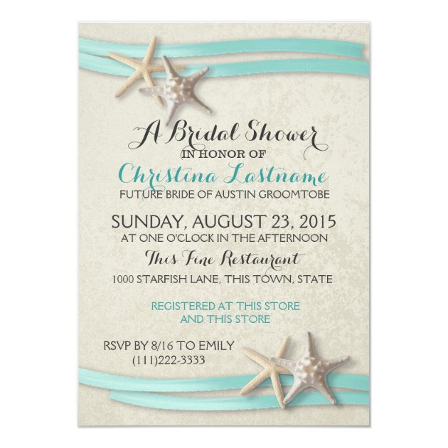 Starfish and Ribbon Bridal Shower 4.5x6.25 Paper Invitation Card (front side)