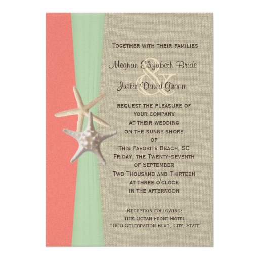 Starfish Beach Wedding Shell Coral Mint Personalized Announcement