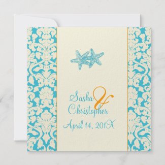 Starfish + damask/aqua Wedding Invitations invitation