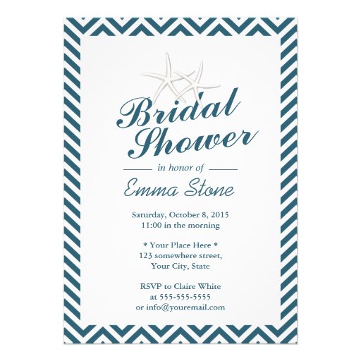 Starfish Navy Blue Chevron Stripes Bridal Shower Invitations