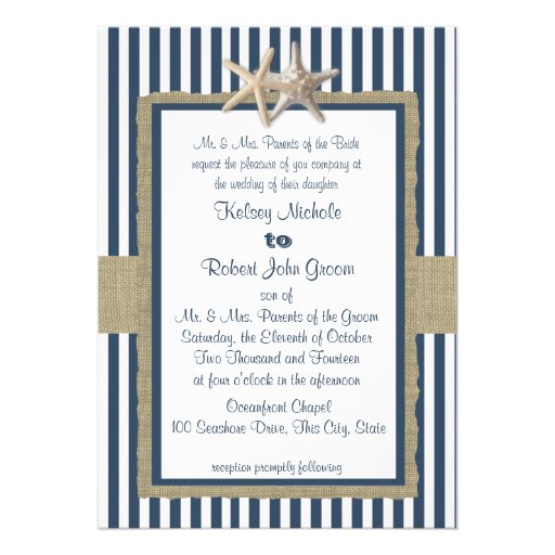 Starfish Navy Blue Stripes Beach Wedding Custom Invitations