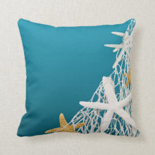 Starfish Netting Beach Wedding | azure blue Throw Pillows