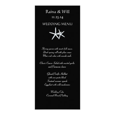 Starfish on Black, Tall Wedding Menu Card Personalized Invitations
