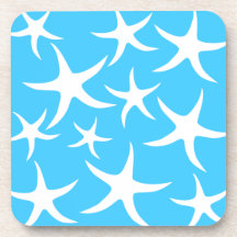 Starfish Pattern, Bright Turquoise Blue and White. Coaster