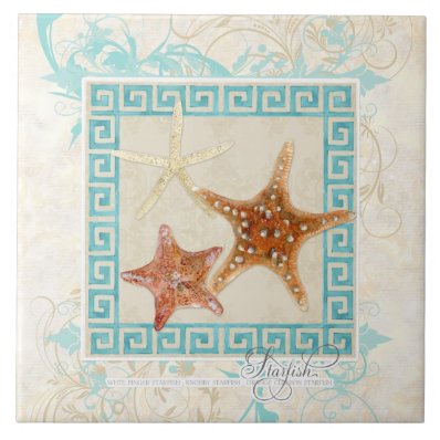 Starfish Sea Shells Ocean Greek Key Pattern Beach Ceramic Tile
