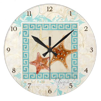 Starfish Sea Shells Ocean Greek Key Pattern Beach Large Clock
