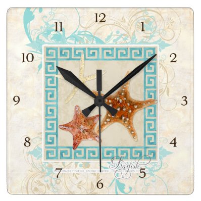 Starfish Sea Shells Ocean Greek Key Pattern Beach Square Wall Clock