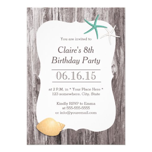 Starfish & Seashell Beach Driftwood Birthday Party Cards (front side)