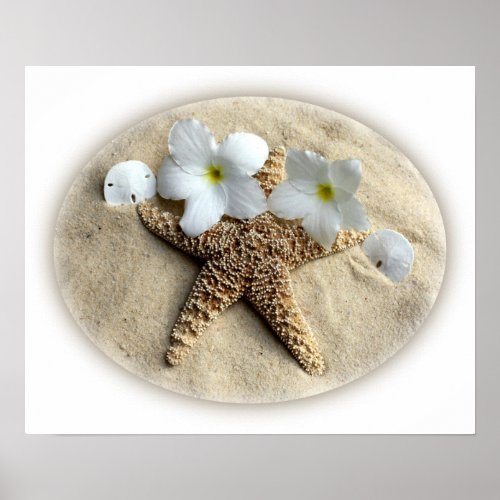 Starfish Shells Plumeria on Sand print