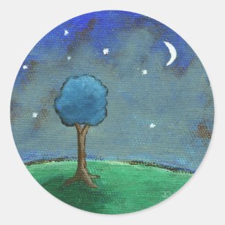 Starry Night, Abstract Landscape Tree Stars Moon Sticker