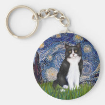 Starry Night - Black and White Cat Keychain