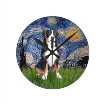 Starry Night - Greater Swiss Mountain dog Round Clocks