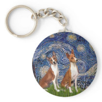Starry Night - two Basenji's Key Chain