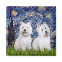 Starry Night - Westies (two) Refrigerator Magnet