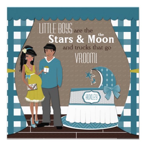 Stars And Moon Couple African American Baby Shower Personalized Invites