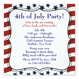 Stars Stripes 4th of July BBQ Party 5.25x5.25 Square Paper Invitation Card