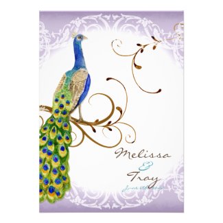 Stately Peacock w Swirl Branch Wedding Invitation