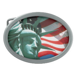 STATUE OF LIBERTY WITH AMERICAN FLAG OVAL BELT BUCKLE