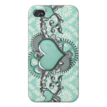 steam punk aqua damask and heart gears cluster iPhone 4/4S case