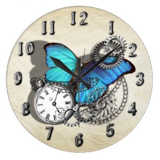 Steam Punk Blue Butterfly Pocket Watch Design Round Wallclocks