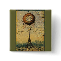 Steampunk Eiffel Tower & Hot Air Balloon Pinback Buttons