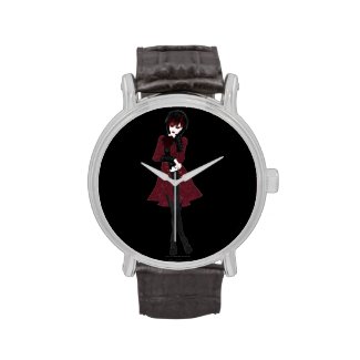 Steampunk fashion girl in black pants and red coat watches