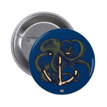 Steampunk Octopus Over Anchor Pinback Button