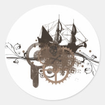 Steampunk pirate ship round sticker
