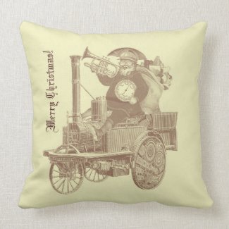 Steampunk santa on steam engine throw pillows