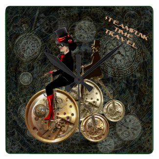 Steampunk time travel, clockwork penny farthing square wall clocks