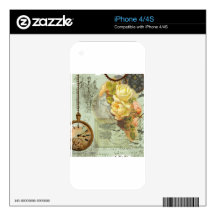 Steampunk Time & Yellow Roses Decals For iPhone 4S