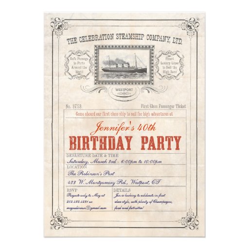 Steamship Cruise Ship Ticket  Invitation Birthday