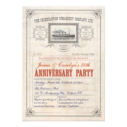 Steamship Cruise Ticket  Invitation Anniversary