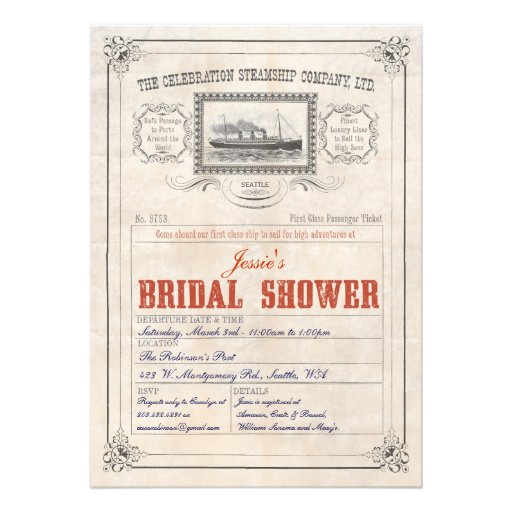 Steamship Cruise Ticket Invitation Bridal Shower