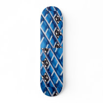 Steel balls and rods on blue acrylic skate board deck
