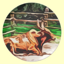Steer bull laying down near fence painting plates