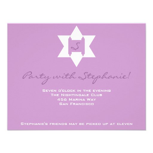 Stephanie Tess Bat Mitzvah Reception Purple Announcements (front side)