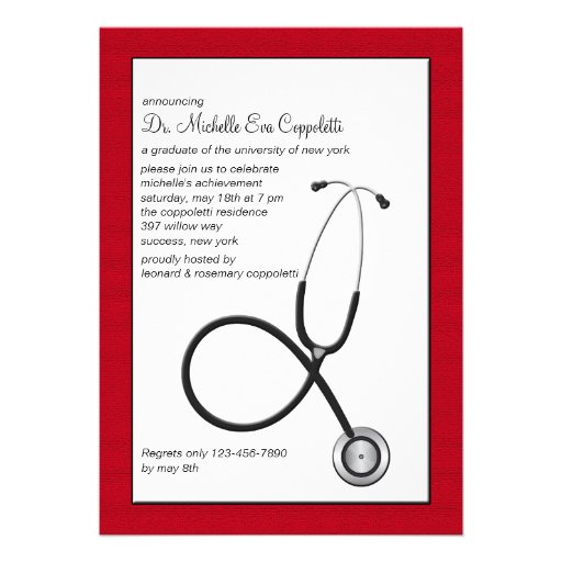 Stethoscope with Red Border Medical Graduation Inv Card (front side)