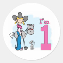 Stick Cowgirl 1st Birthday Round Stickers