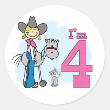 Stick Cowgirl 4th Birthday Round Sticker