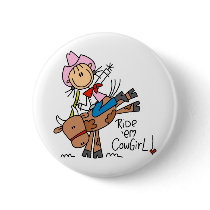 Stick  Cowgirl Riding Bull Button