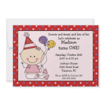 Stick Figure Baby Girl 1st Birthday Invitation by celebrateitinvites Stick Figure Baby Girl 1st Birthday Invitation