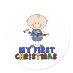 Stick Figure Boy & lights First Christmas Round Stickers