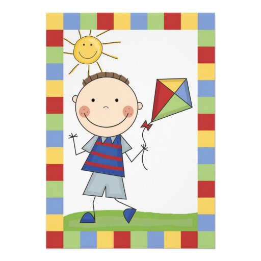 Stick Figure Boy With Kite Birthday Invite