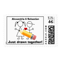 Stick Figure Couple With Heart Drawn Together Postage