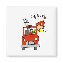 Stick Figure Firefighter with Fire Engine Magnet