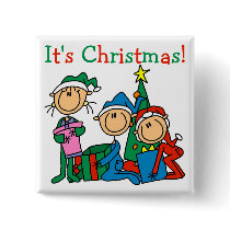 Stick Figure Kids It's Christmas Tshirts and Gifts Buttons