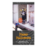 Sticky spider web black orange Halloween greeting Customized Photo Card