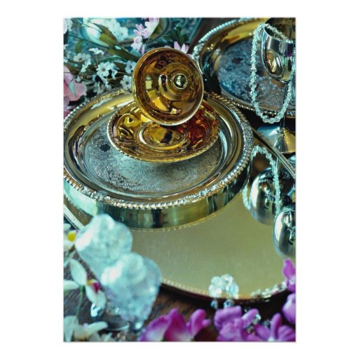 Still life, gold teacup and silver plates invitation